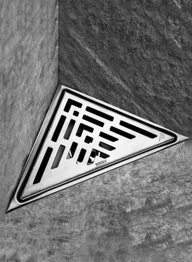 Pixaflo Triangular Corner Drain Strainer | 20 x 20 x 28 cm | 304 Stainless Steel Shower Water Drain Channel | Floor Drain Jali with Collar | Center Hole - Image 1